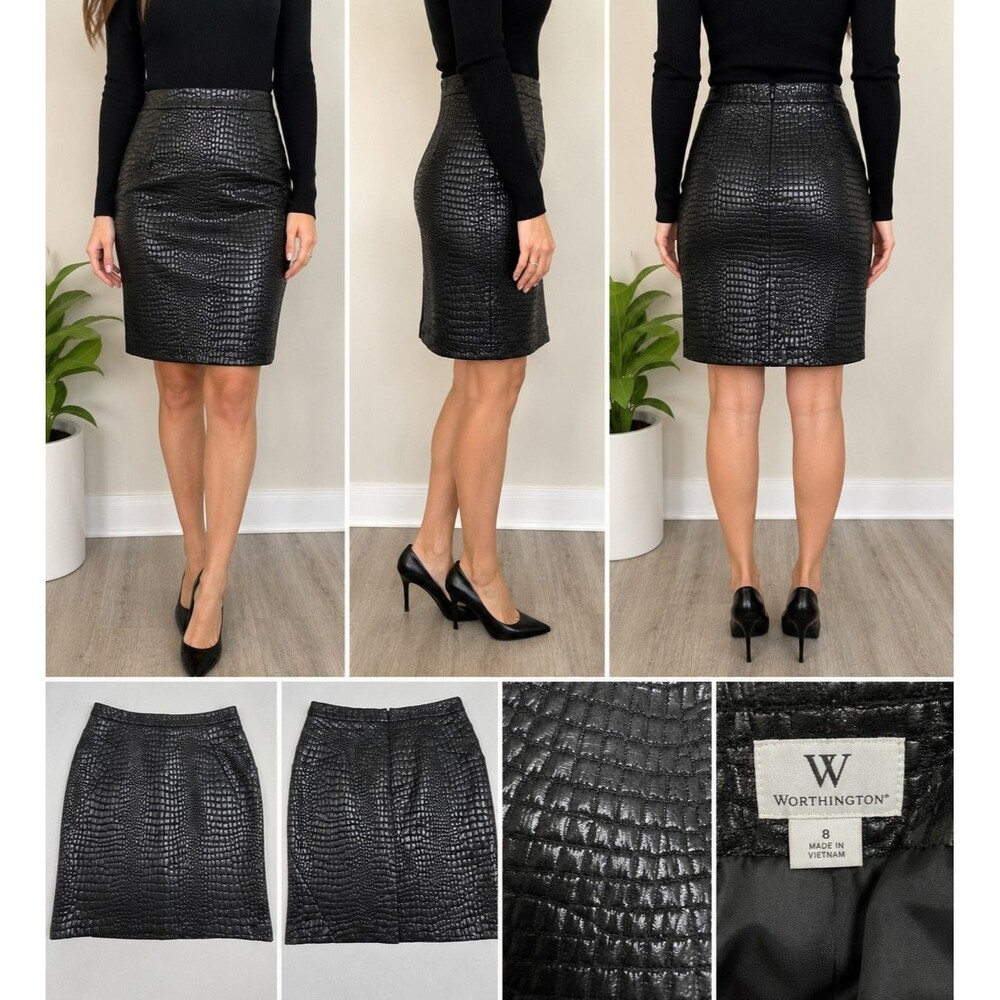 Worthington Black Croc Textured Pencil Skirt Women's Size 8 Fully Lined...